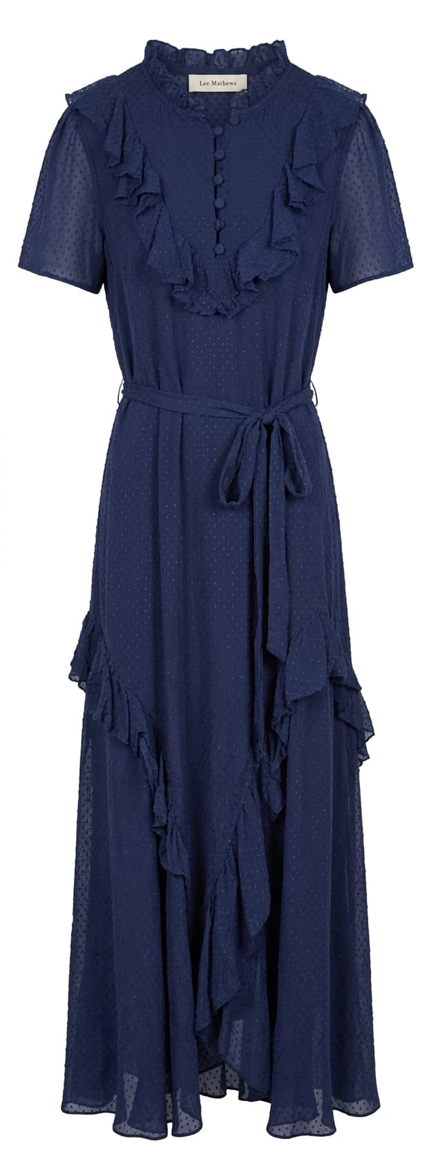 Lee Mathews Navy Blue Swiss Dot Silk Ruffle Maxi Dress — photo 1 of 5