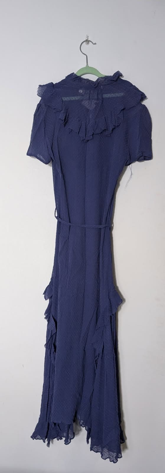 Lee Mathews Navy Blue Swiss Dot Silk Ruffle Maxi Dress — photo 2 of 5