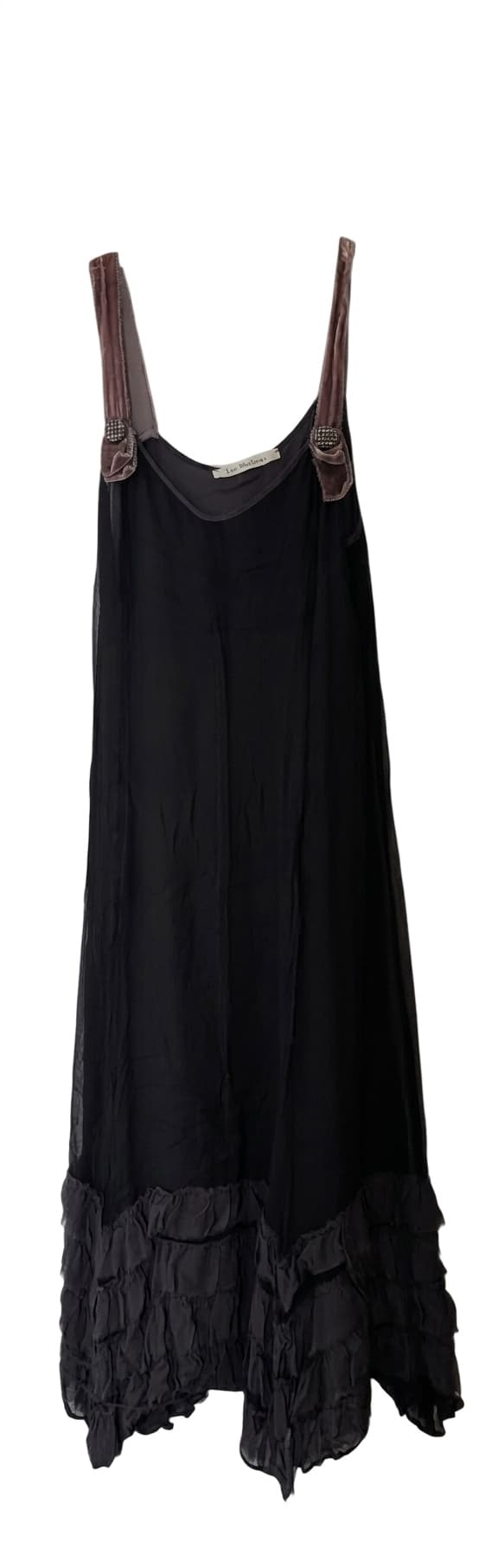 Lee Mathews Black Silk Slip Dress - Velvet Straps & Ruffle Hem — photo 1 of 5