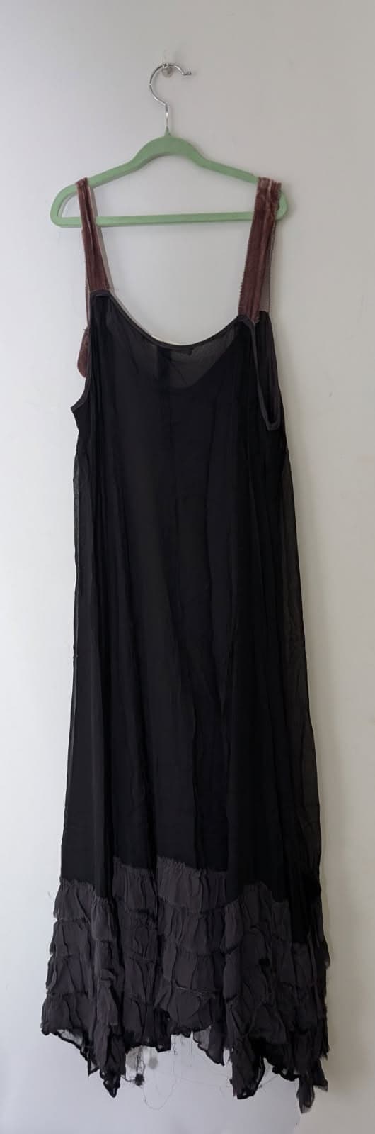 Lee Mathews Black Silk Slip Dress - Velvet Straps & Ruffle Hem — photo 2 of 5
