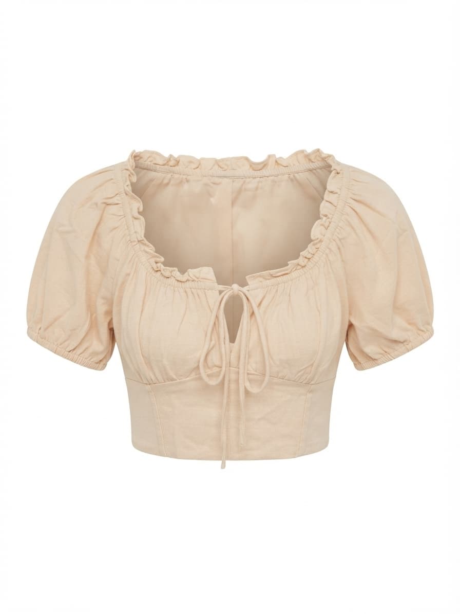 Beige Puff Sleeve Tie-Front Corset Crop Top — photo 1 of 6