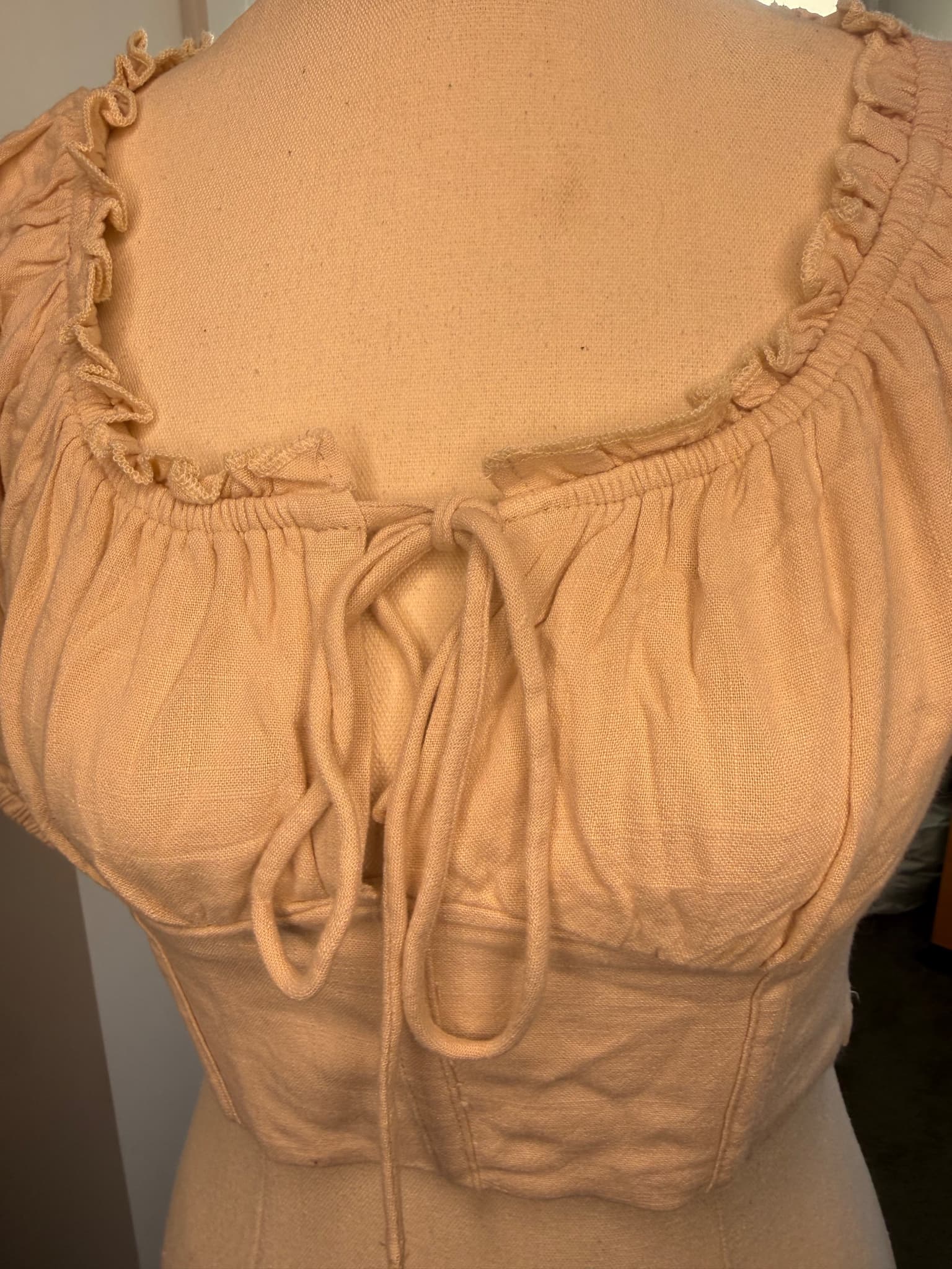 Beige Puff Sleeve Tie-Front Corset Crop Top — photo 3 of 6
