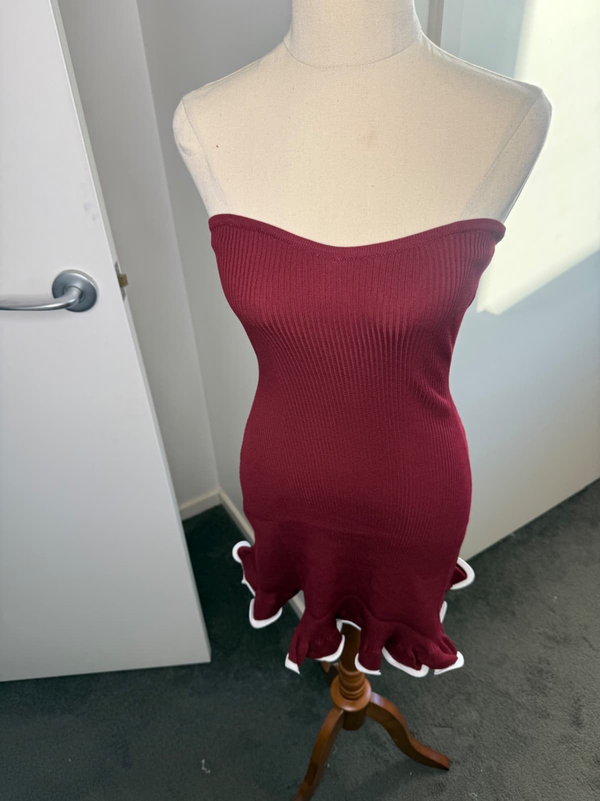 Luvalot Burgundy Strapless Ribbed Mini Dress With Lettuce Hem — photo 1 of 5