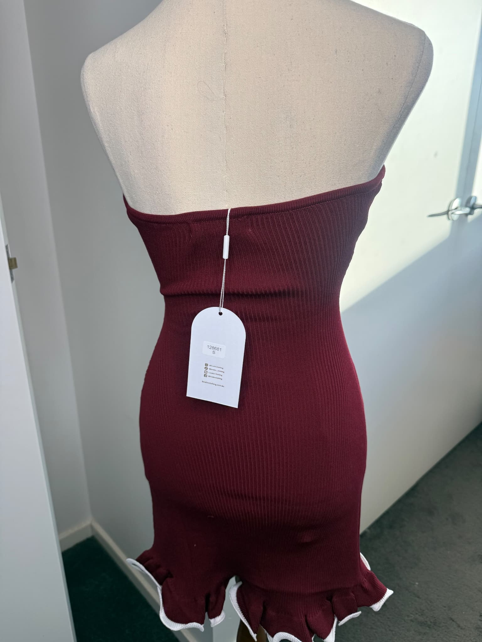 Luvalot Burgundy Strapless Ribbed Mini Dress With Lettuce Hem — photo 2 of 5