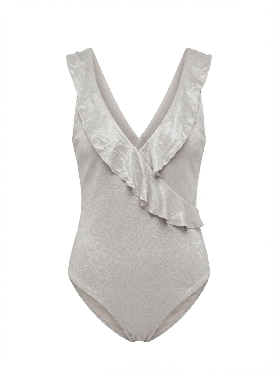 Metallic Ruffle Wrap Bodysuit Silver Size 12 — photo 1 of 6