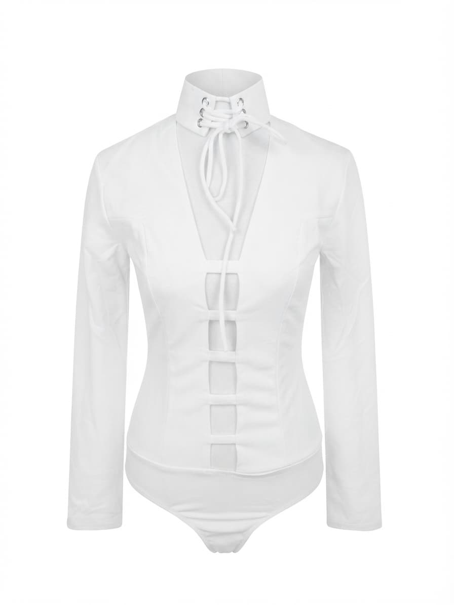 Rumor Boutique White Lace-Up Choker Long Sleeve Bodysuit — photo 1 of 4