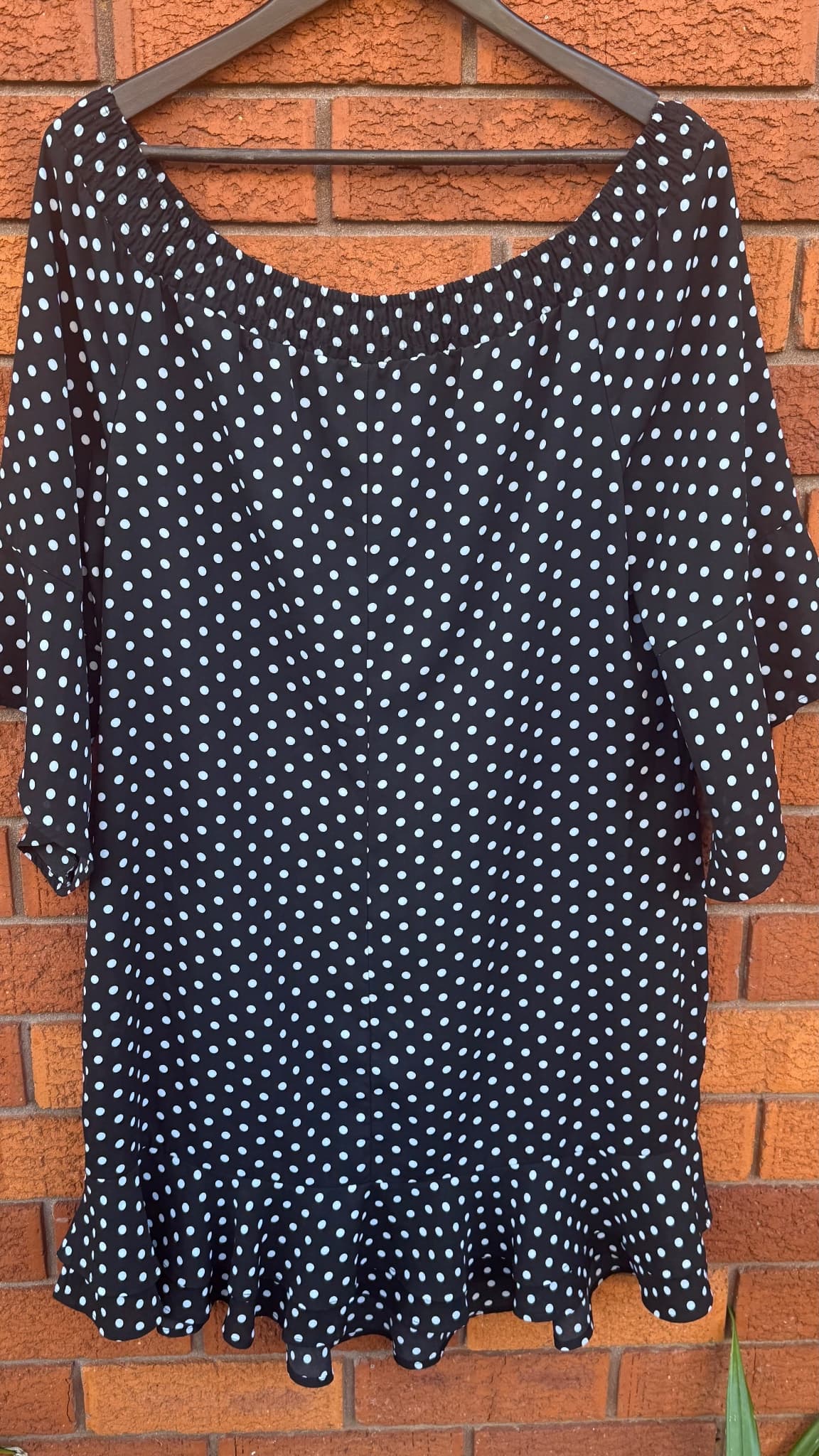 Crossroads Off-Shoulder Ruffle Dress Black and White Polka Dot Size 14 — photo 10 of 10