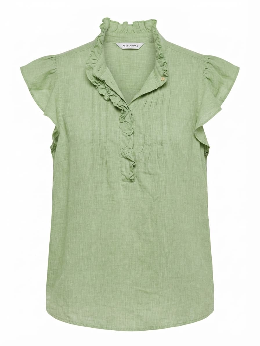 Alessandra Linen Ruffle-Front Cap-Sleeve Blouse Sage Green Size S — photo 1 of 7