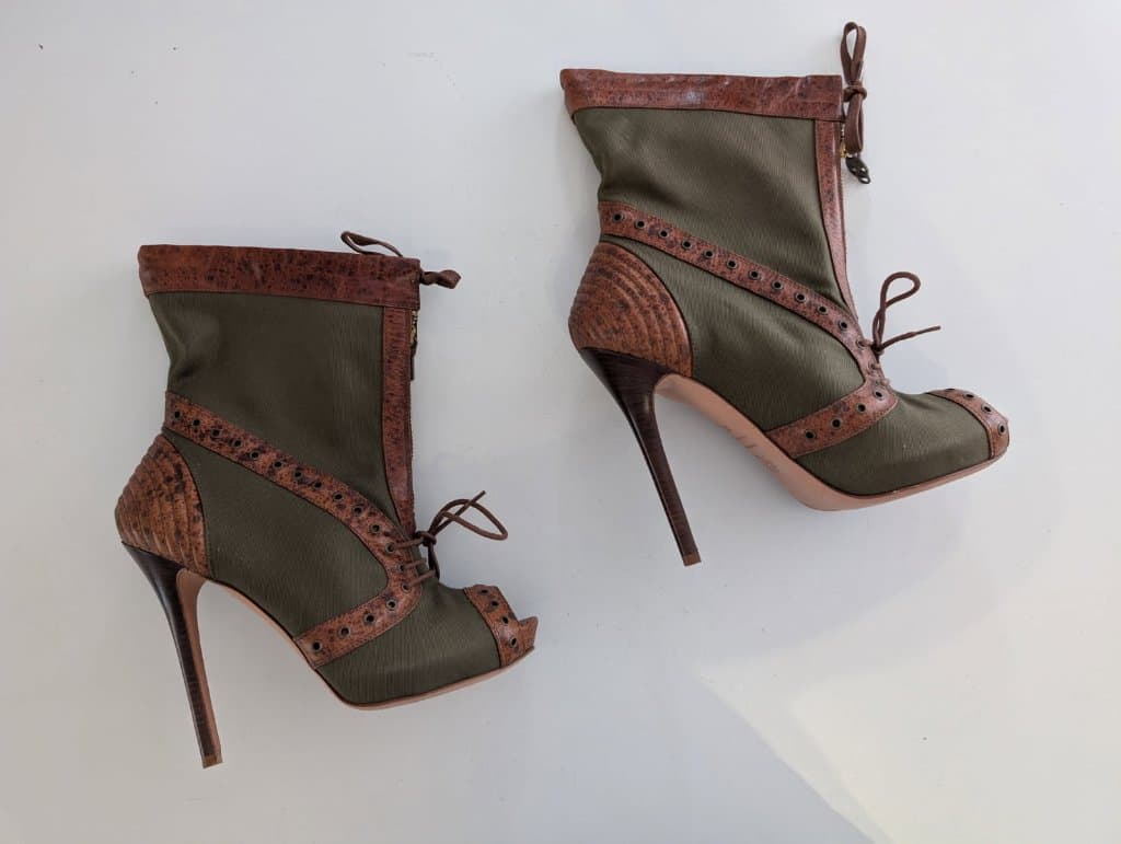 Alexander McQueen Olive Canvas & Brown Leather Peep Toe Stiletto Boots EU 38 — photo 1 of 7