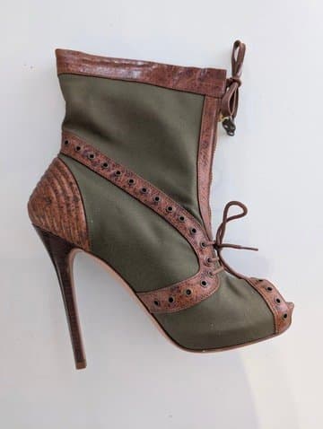 Alexander McQueen Olive Canvas & Brown Leather Peep Toe Stiletto Boots EU 38 — photo 2 of 7