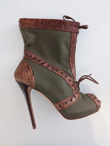 Alexander McQueen Olive Canvas & Brown Leather Peep Toe Stiletto Boots EU 38 — photo 3 of 7