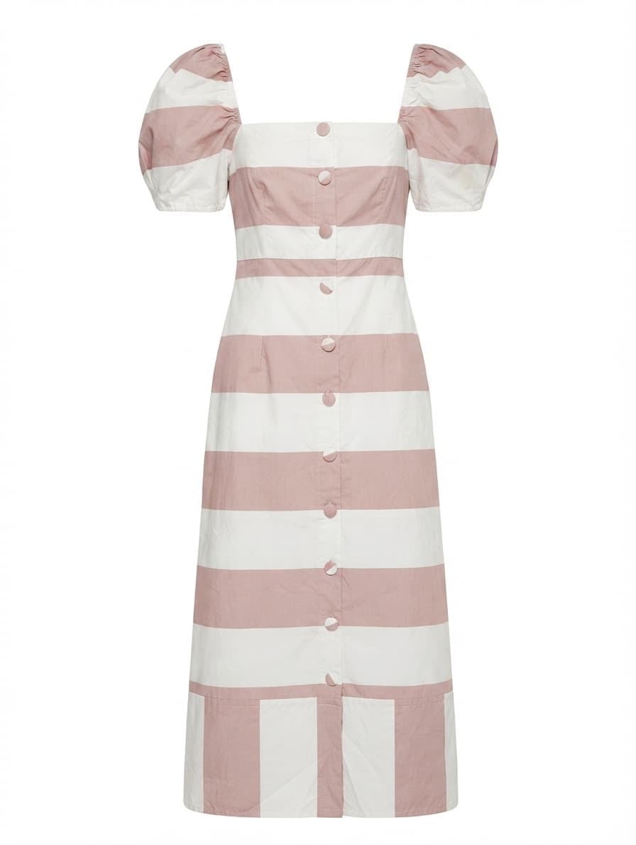 alice McCALL Striped Puff Sleeve Midi Dress White and Tan — photo 1 of 6