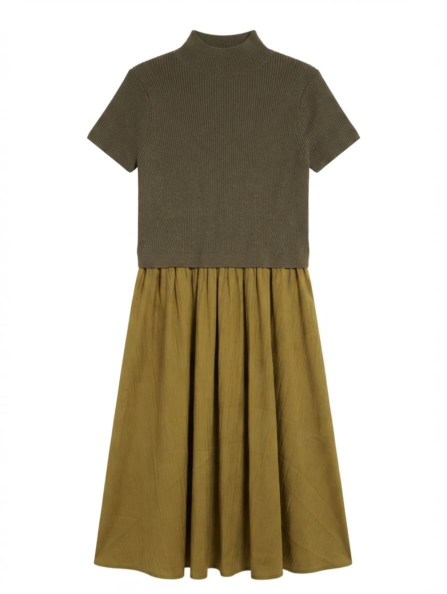 Anthropologie Ribbed Knit Mock Neck Combo Dress Olive and Mustard Women's Size L — photo 1 of 9