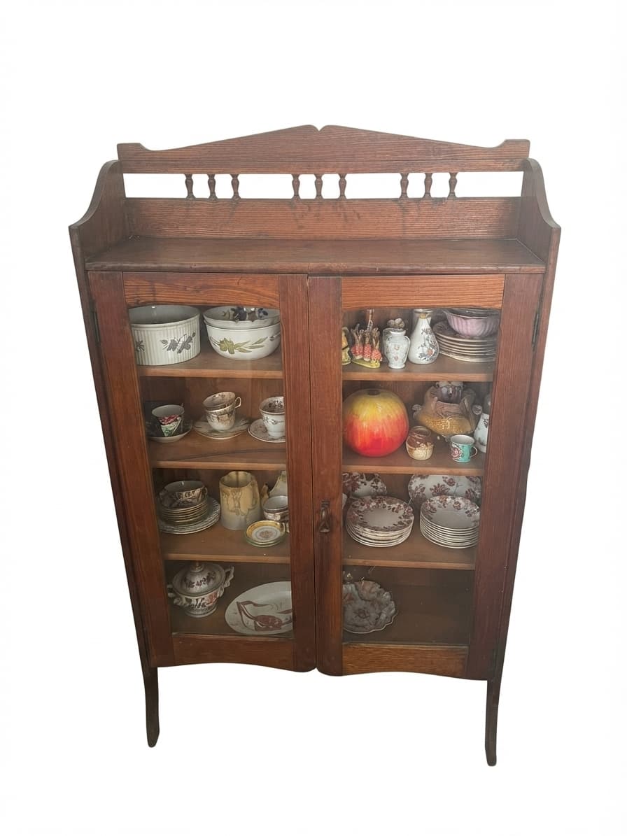 Antique Edwardian Oak Display Cabinet with Gallery Back — photo 1 of 5