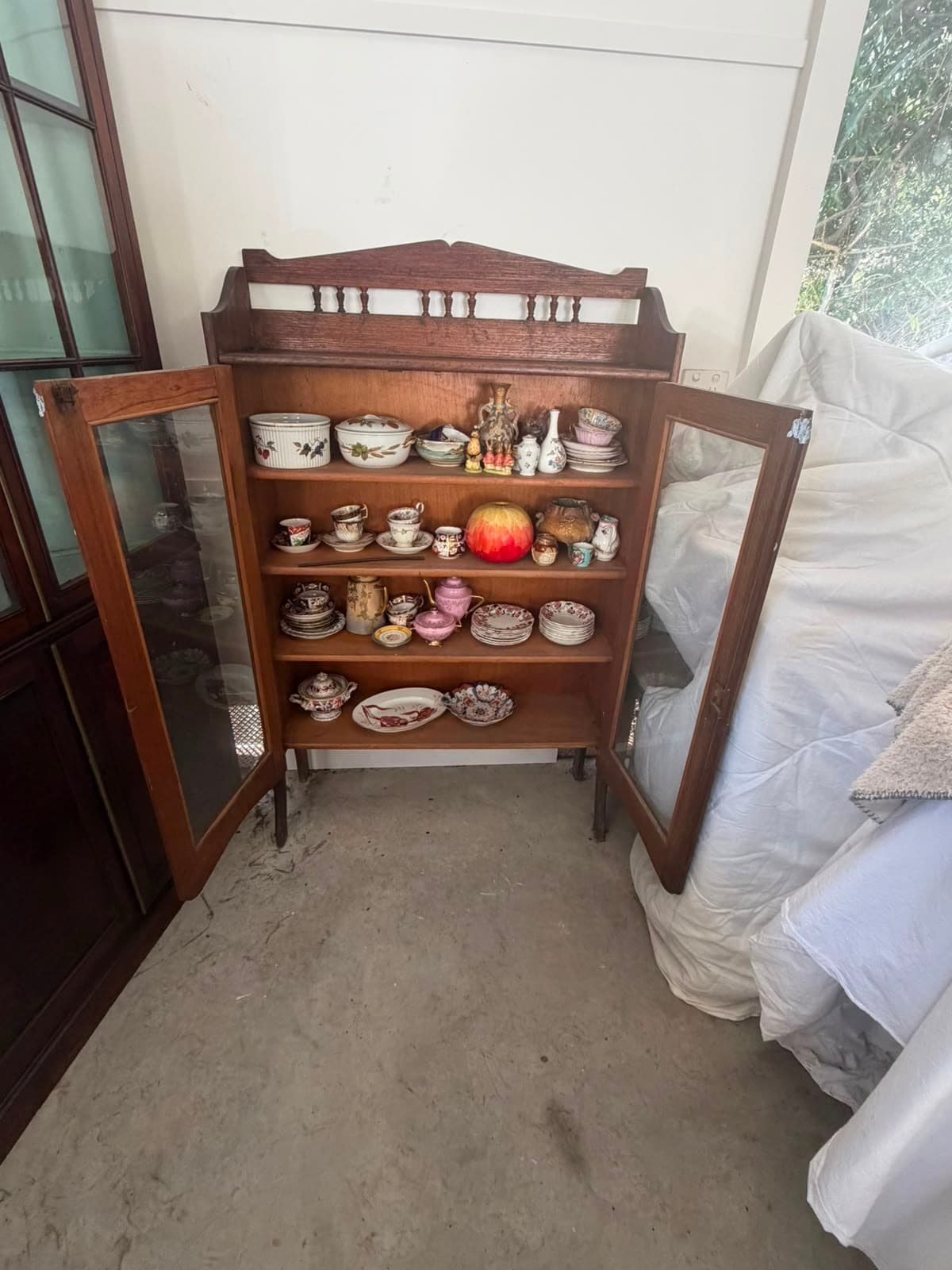 Antique Edwardian Oak Display Cabinet with Gallery Back — photo 2 of 5