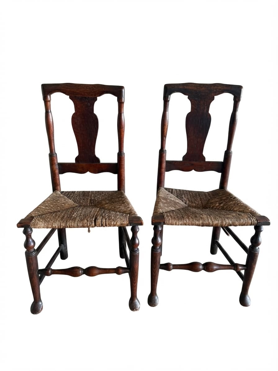 Antique English Oak Spindle Back Dining Chairs Pair Woven Rush Seats — photo 1 of 5