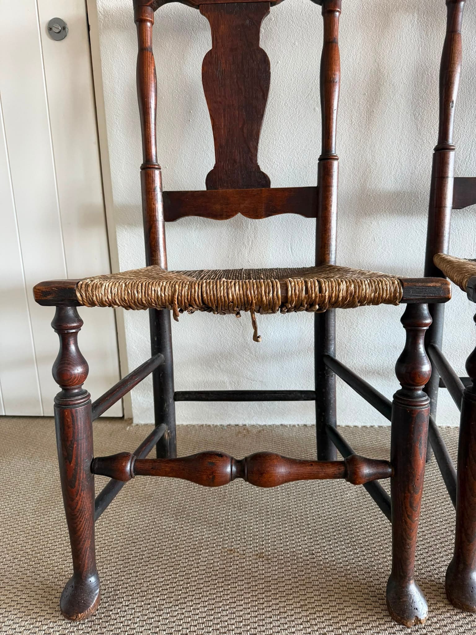 Antique English Oak Spindle Back Dining Chairs Pair Woven Rush Seats — photo 2 of 5