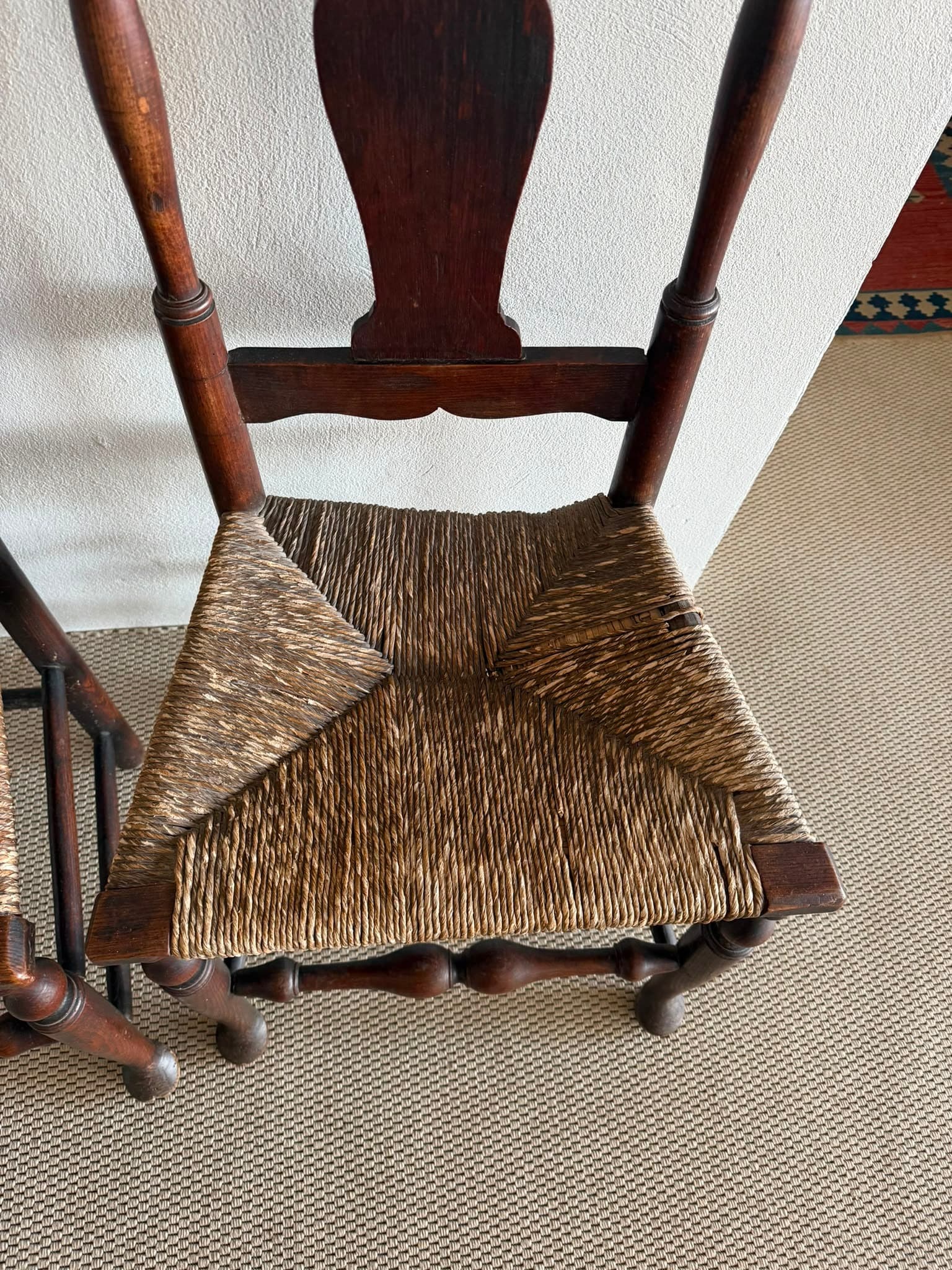 Antique English Oak Spindle Back Dining Chairs Pair Woven Rush Seats — photo 3 of 5