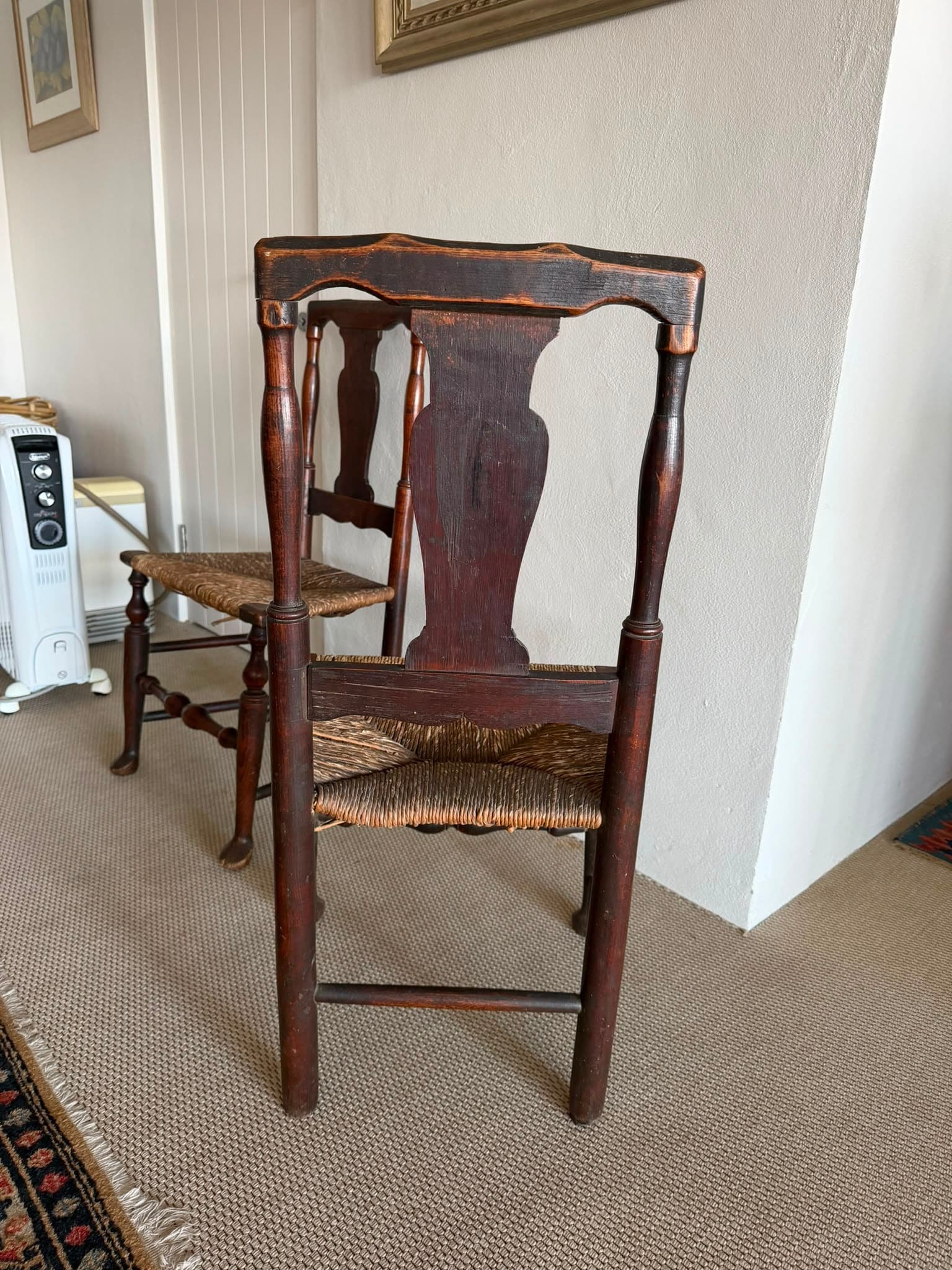 Antique English Oak Spindle Back Dining Chairs Pair Woven Rush Seats — photo 4 of 5