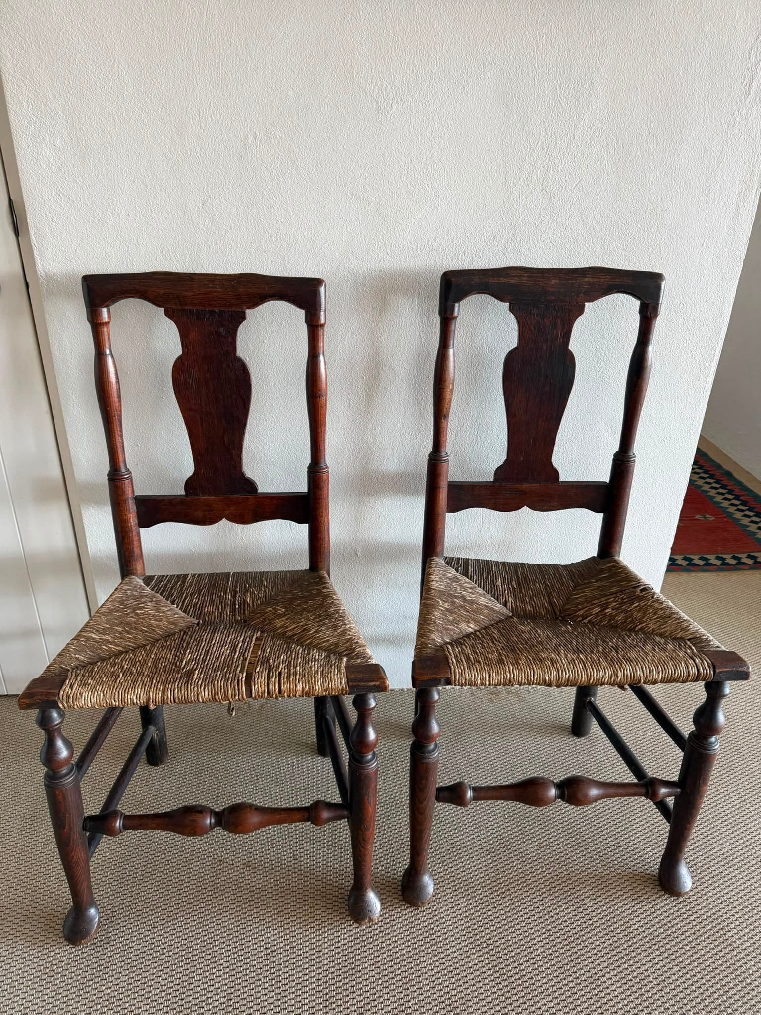 Antique English Oak Spindle Back Dining Chairs Pair Woven Rush Seats — photo 5 of 5