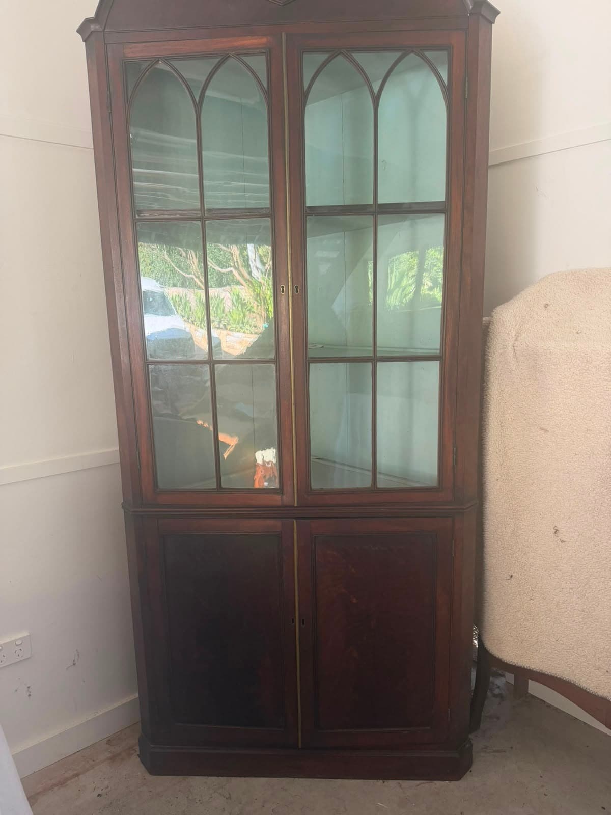 Antique Mahogany Corner Display Cabinet Gothic Arch Glazing — photo 2 of 4