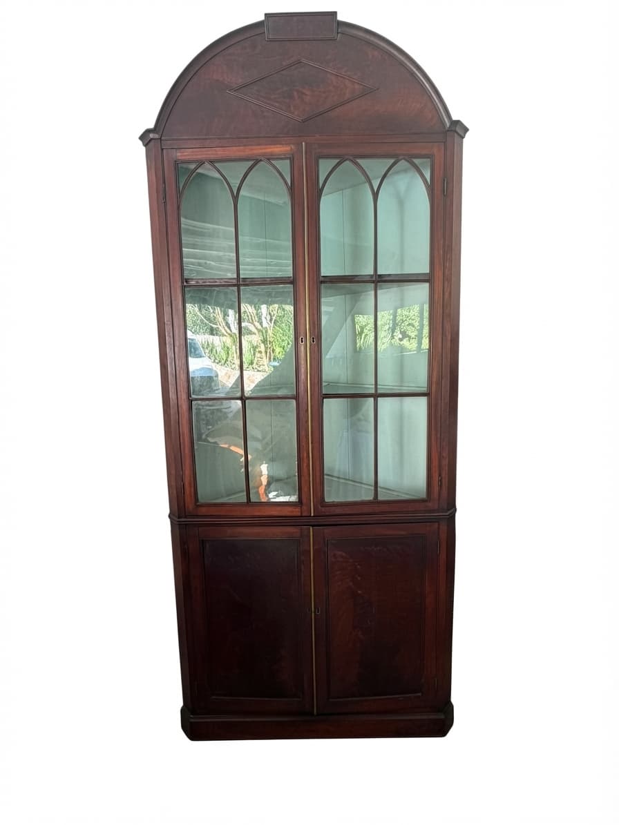 Antique Mahogany Corner Display Cabinet with Gothic Arch Glazing — photo 1 of 7