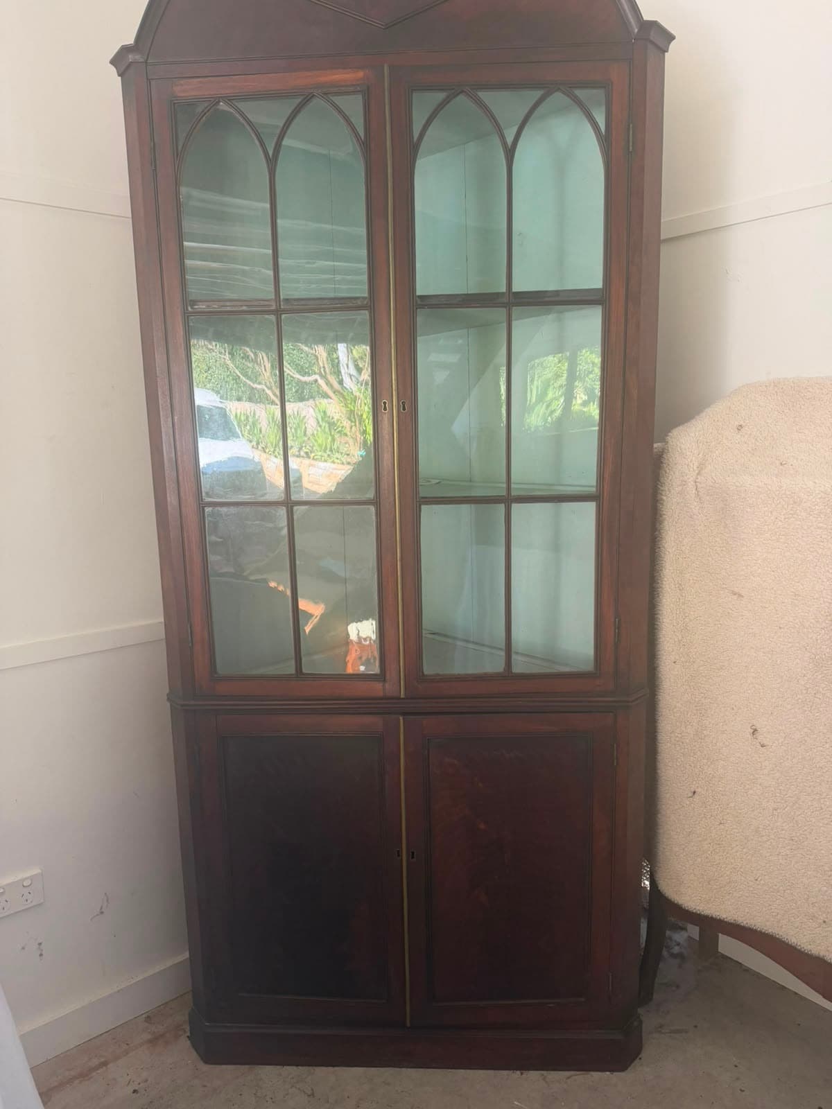 Antique Mahogany Corner Display Cabinet with Gothic Arch Glazing — photo 2 of 7