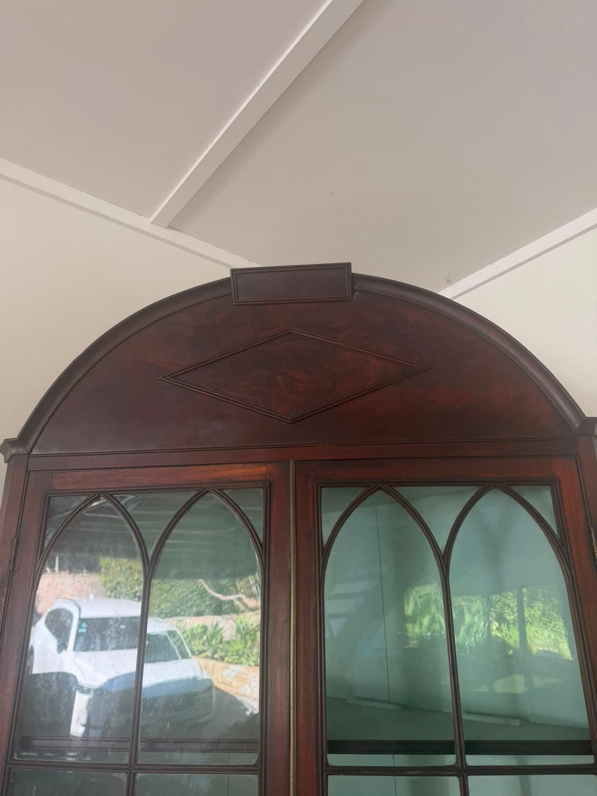 Antique Mahogany Corner Display Cabinet with Gothic Arch Glazing — photo 4 of 7