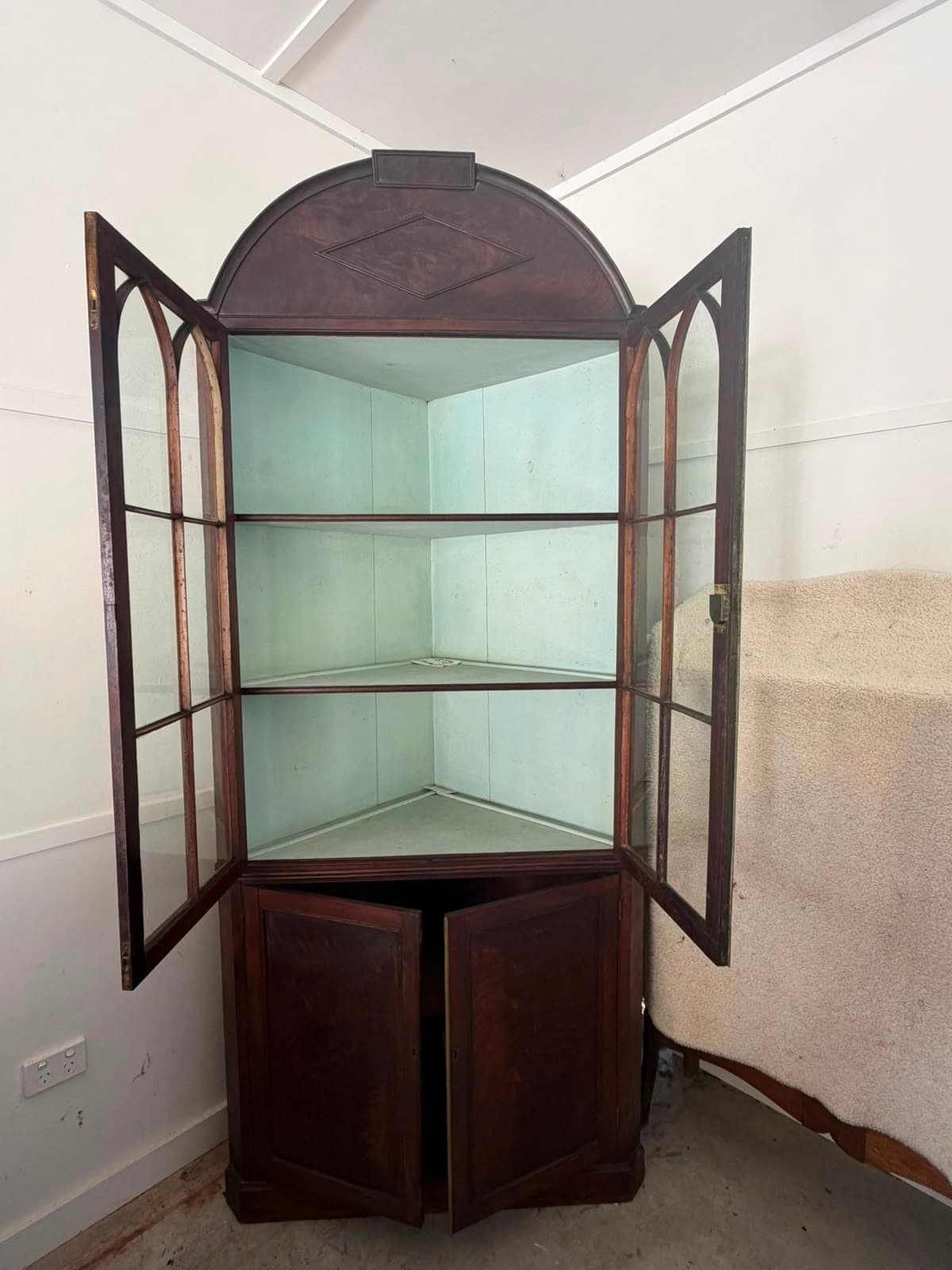 Antique Mahogany Corner Display Cabinet with Gothic Arch Glazing — photo 6 of 7