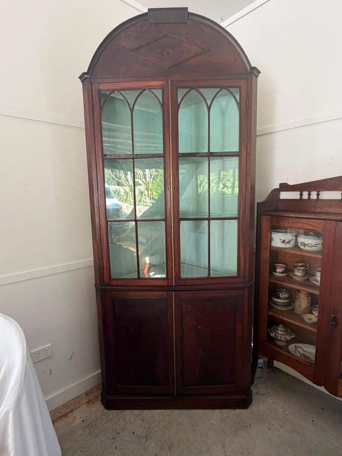 Antique Mahogany Corner Display Cabinet with Gothic Arch Glazing — photo 7 of 7