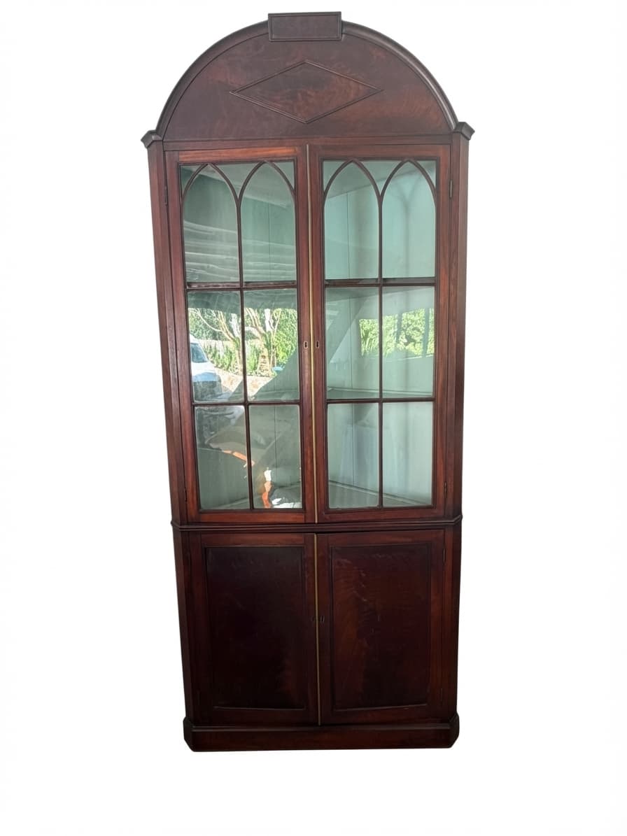 Antique Mahogany Gothic Arch Corner Display Cabinet Tall Architectural Piece — photo 1 of 3