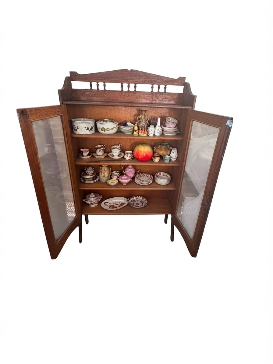 Antique Oak Display Cabinet with Gallery Top — photo 1 of 5