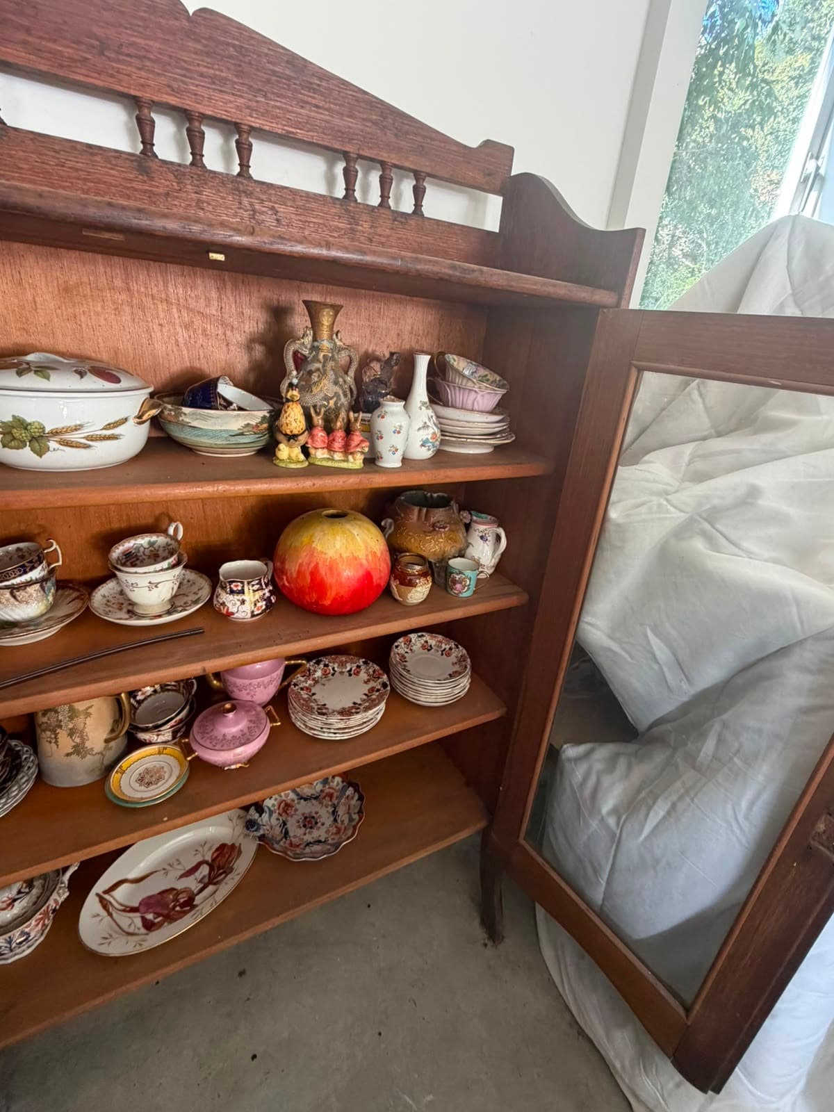 Antique Oak Display Cabinet with Gallery Top — photo 2 of 5