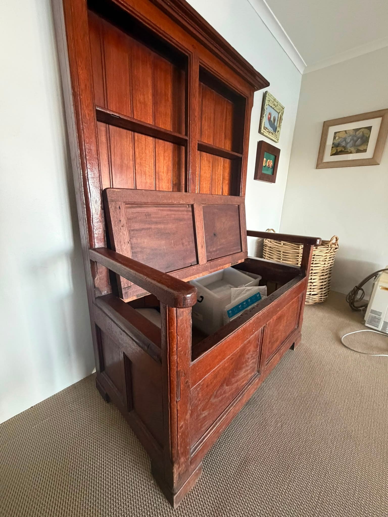 Antique Oak Wainscot Settle Bench Storage Seat with Shelves Hall Bench — photo 3 of 6