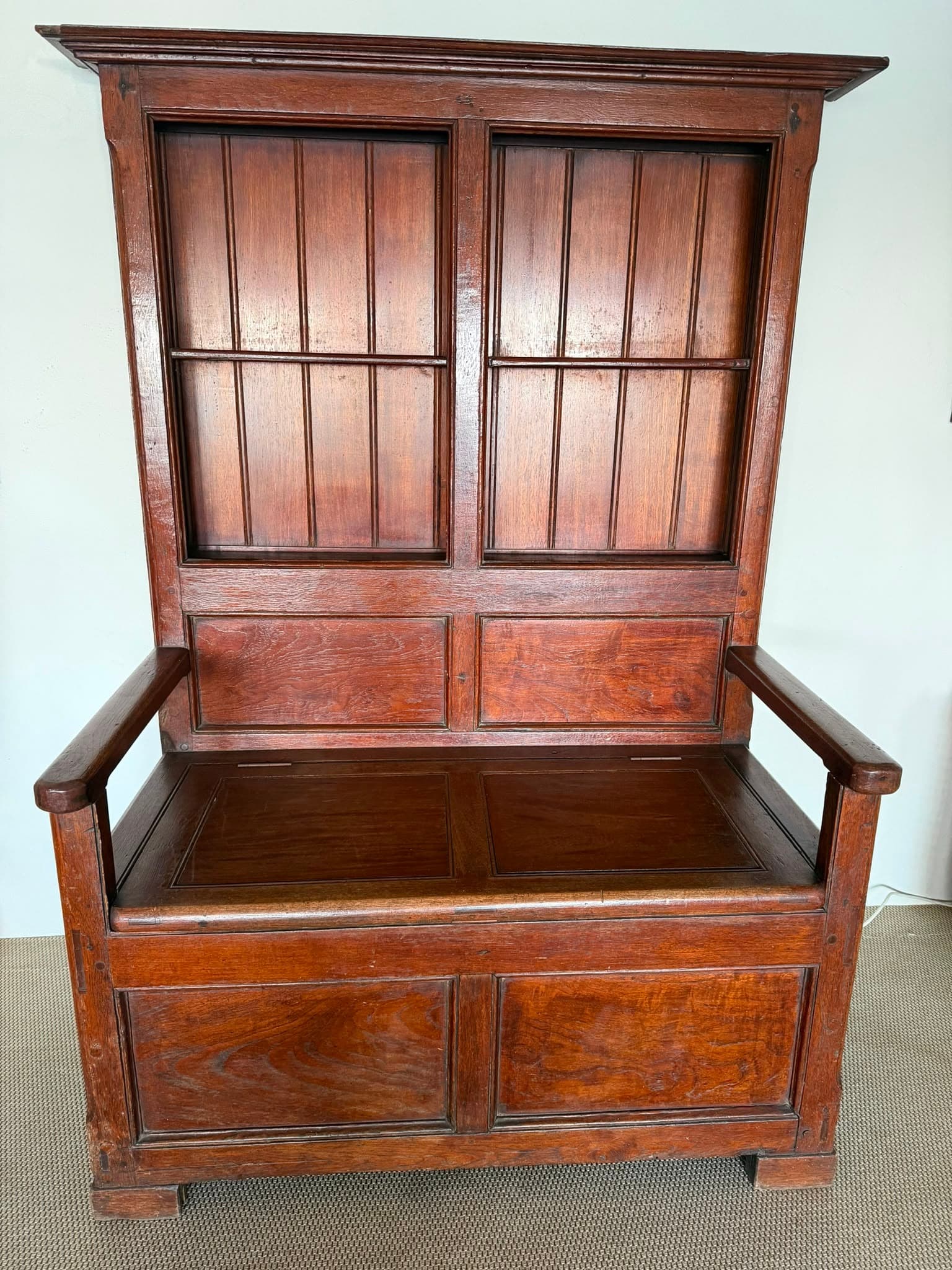 Antique Oak Wainscot Settle Bench Storage Seat with Shelves Hall Bench — photo 6 of 6