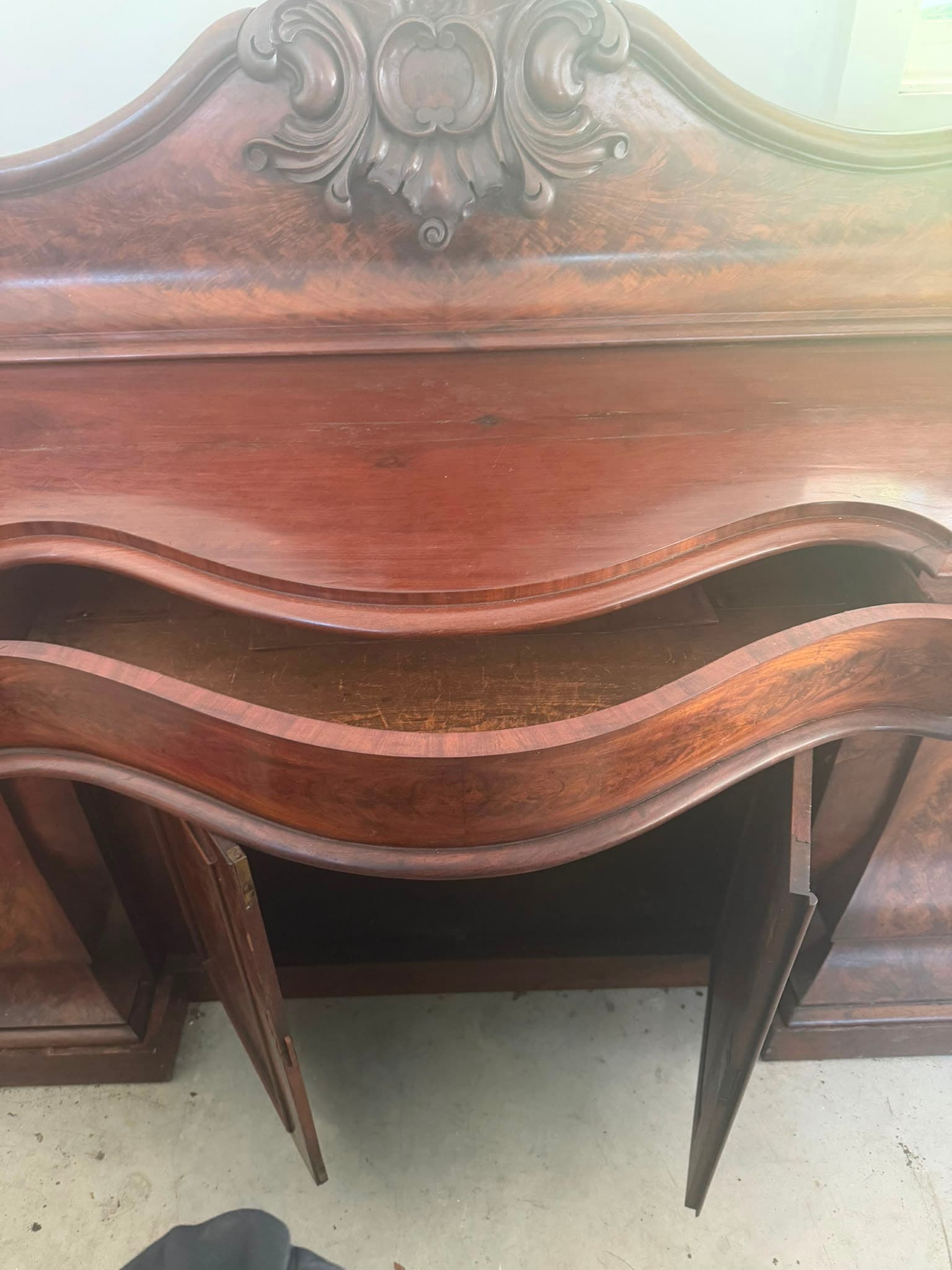 Antique Victorian Mahogany Sideboard with Carved Backsplash — photo 9 of 10