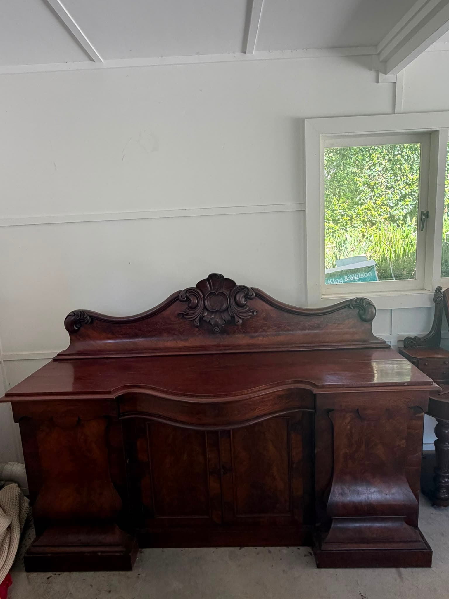 Antique Victorian Sideboard Flame Mahogany with Carved Backsplash — photo 3 of 10