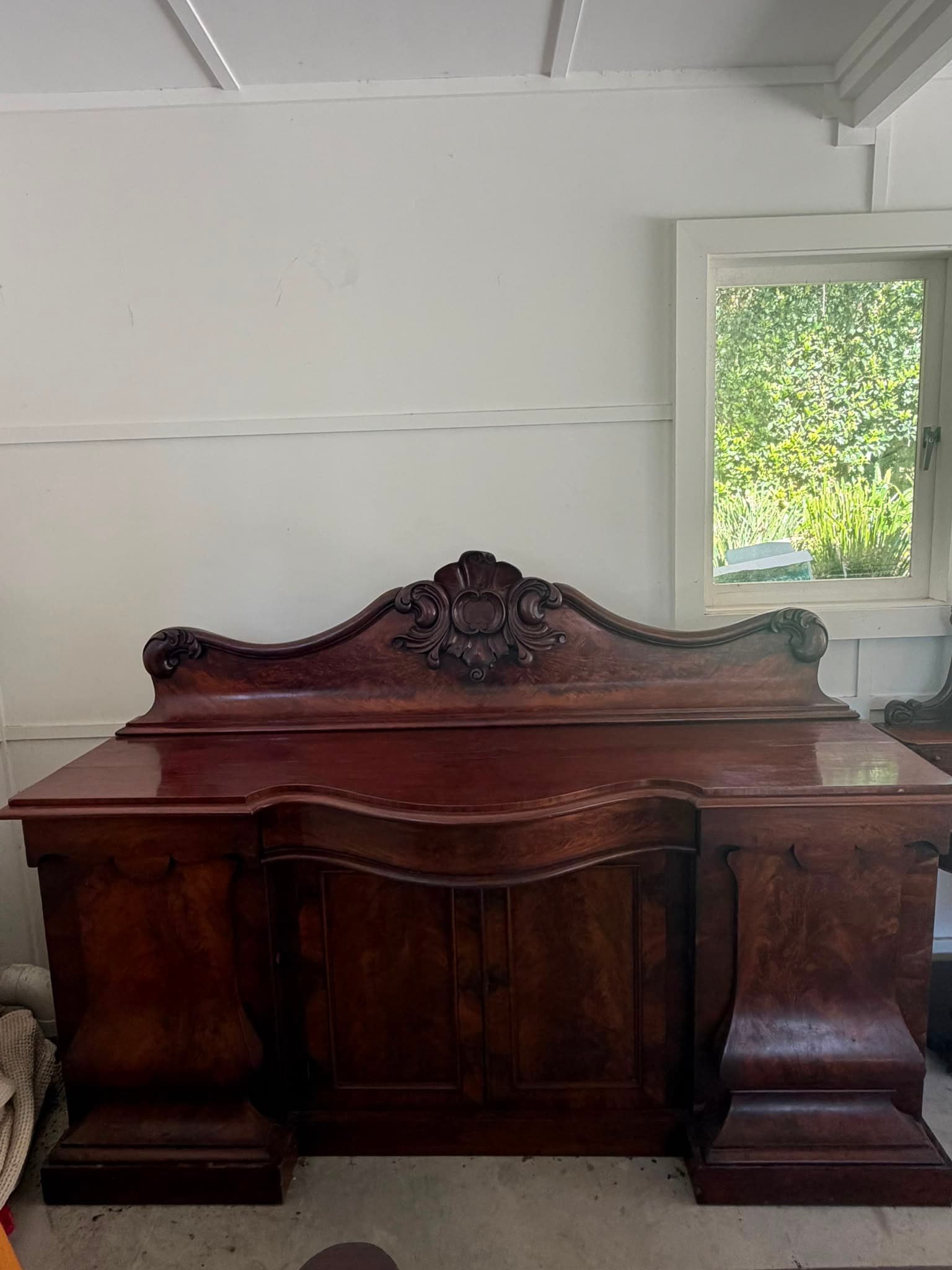 Antique Victorian Sideboard Flame Mahogany with Carved Backsplash — photo 4 of 10