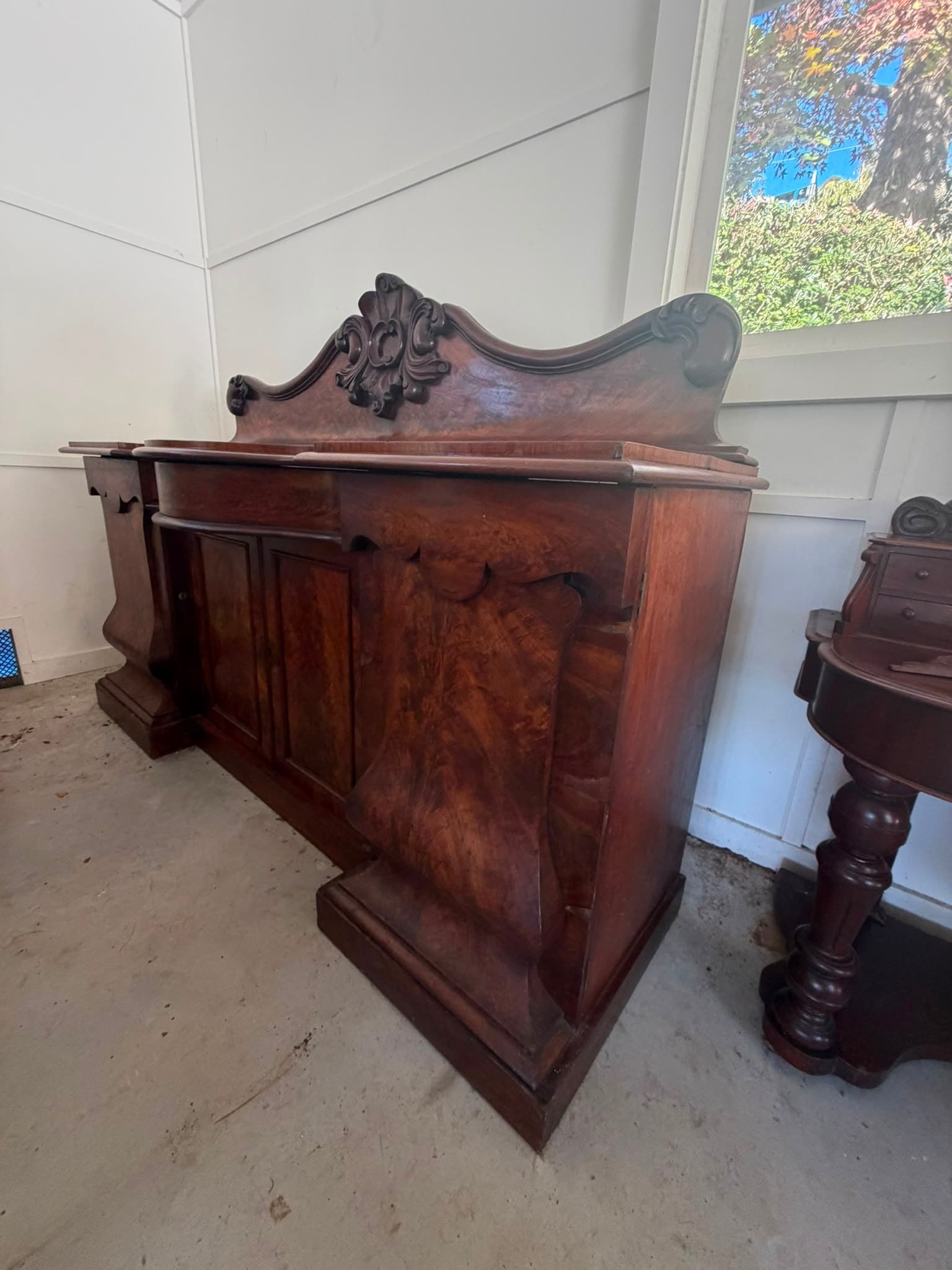 Antique Victorian Sideboard Flame Mahogany with Carved Backsplash — photo 9 of 10