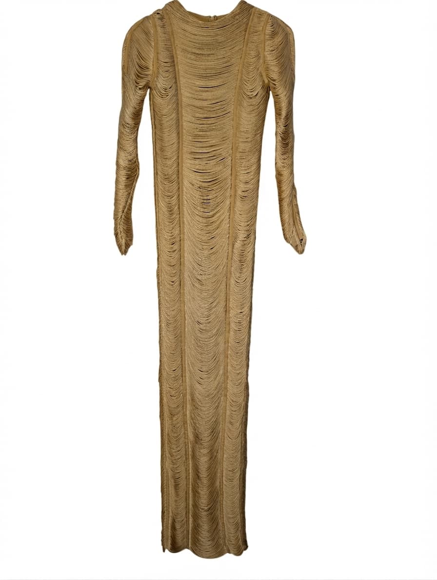 ASOS DESIGN Gold Fringe Long Sleeve Gown Women's UK 4