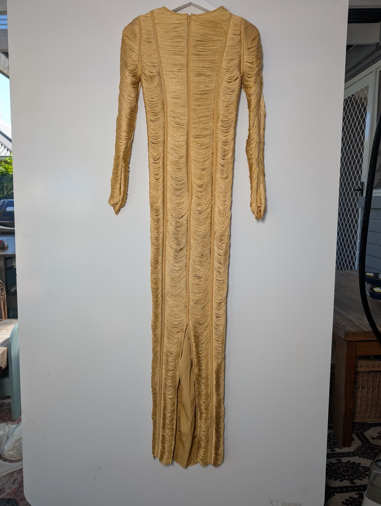ASOS DESIGN Gold Fringe Long Sleeve Gown Women's UK 4 — photo 5 of 7