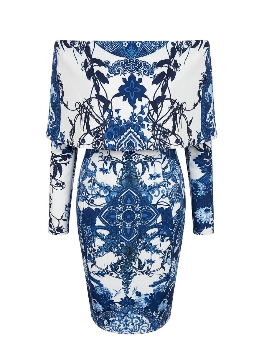 ASOS Off-the-Shoulder Midi Dress Blue White Patterned — photo 1 of 10