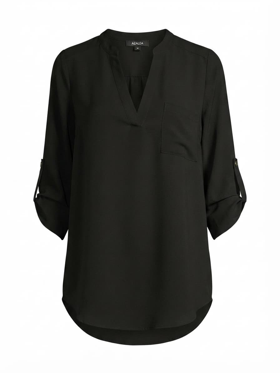 Azalea V-Neck Roll-Tab Sleeve Tunic Blouse Black Size S — photo 1 of 4