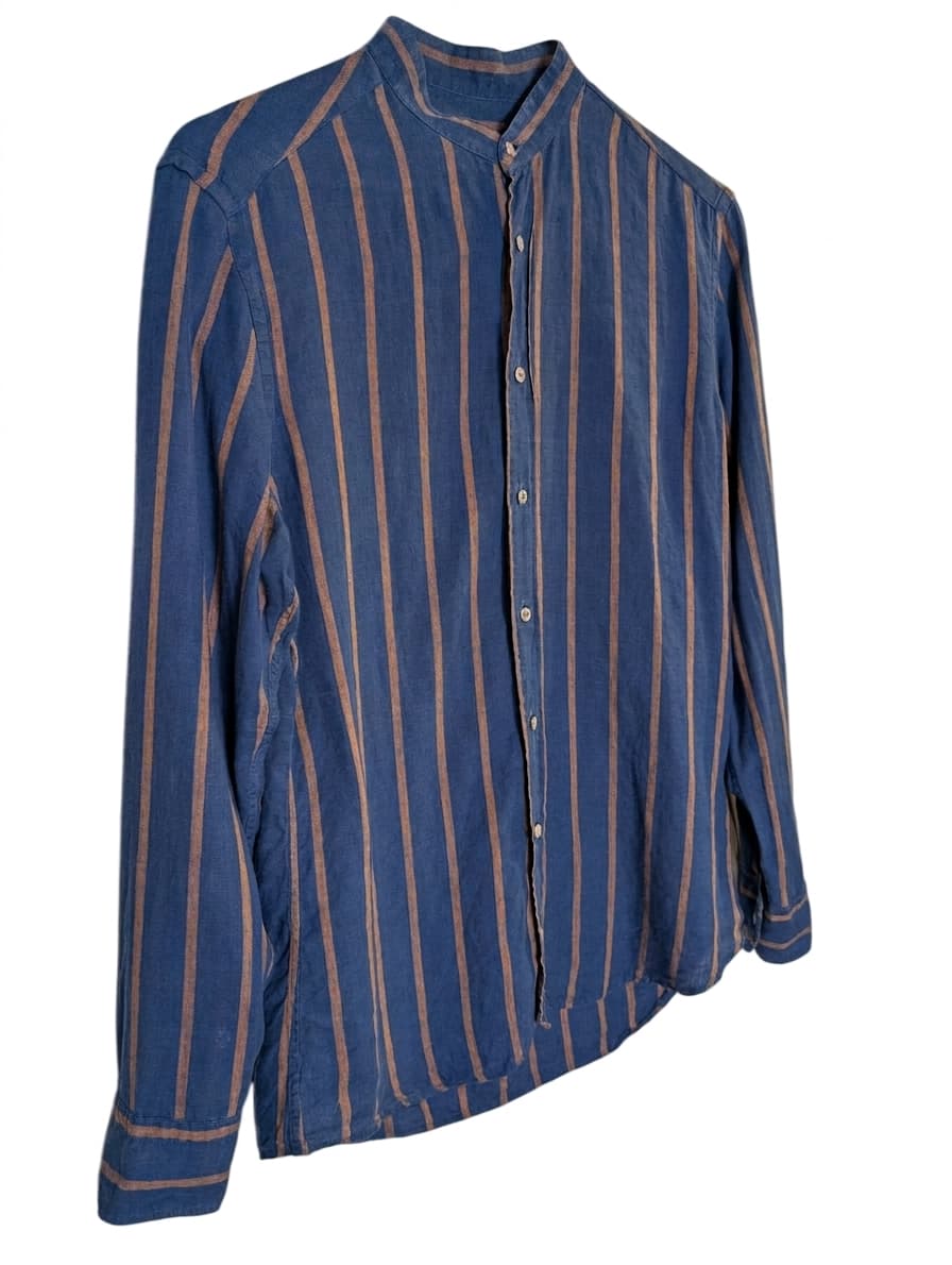 Bastonchino Men's Blue & Tan Striped Linen Mandarin Collar Shirt — photo 1 of 10