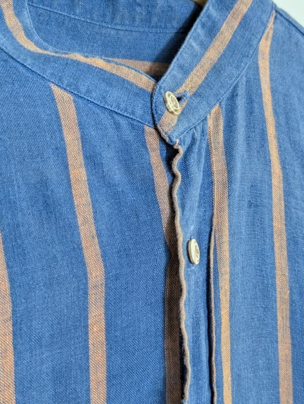 Bastonchino Men's Blue & Tan Striped Linen Mandarin Collar Shirt — photo 4 of 10