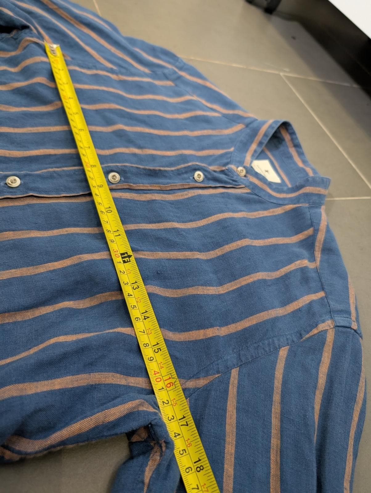 Bastoncino Men's Linen Mandarin Collar Shirt Blue & Tan Striped — photo 4 of 9