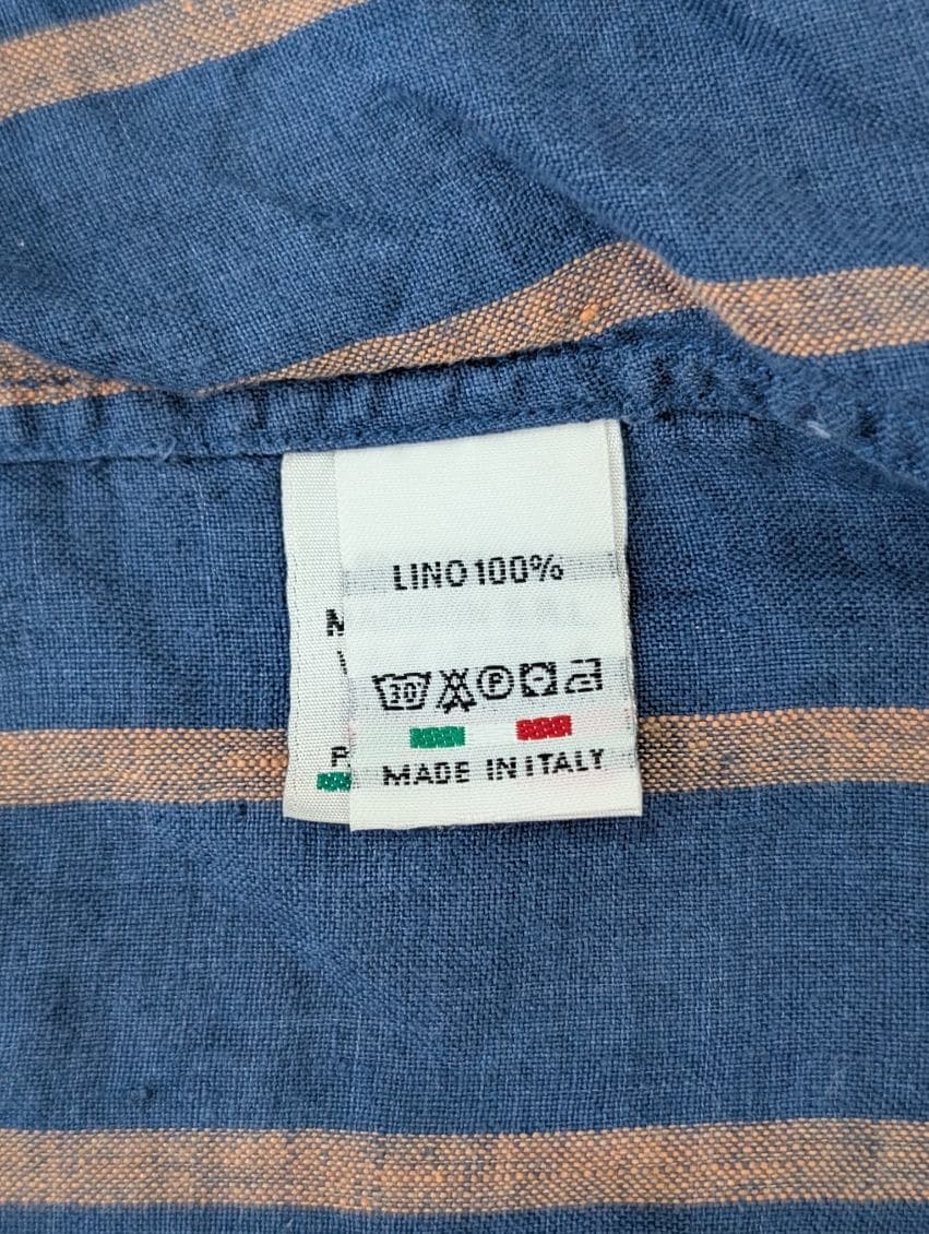 Bastoncino Men's Linen Mandarin Collar Shirt Blue & Tan Striped — photo 5 of 9