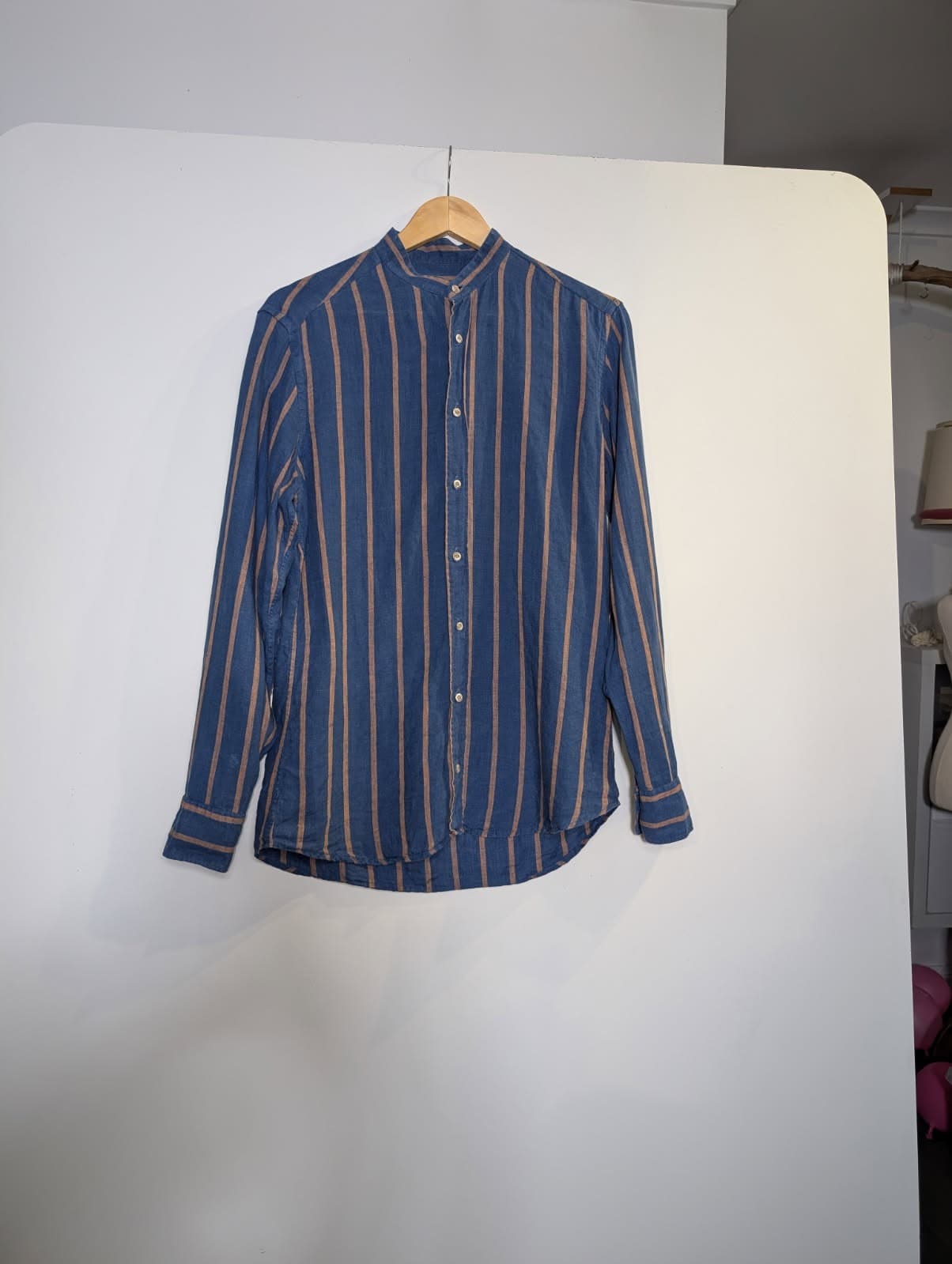 Bastoncino Men's Linen Mandarin Collar Shirt Blue & Tan Striped — photo 8 of 9