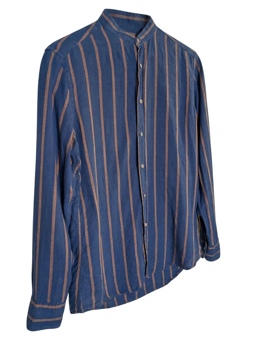 Bastoncino Men's Linen Mandarin Collar Shirt Blue & Tan Striped — photo 1 of 9