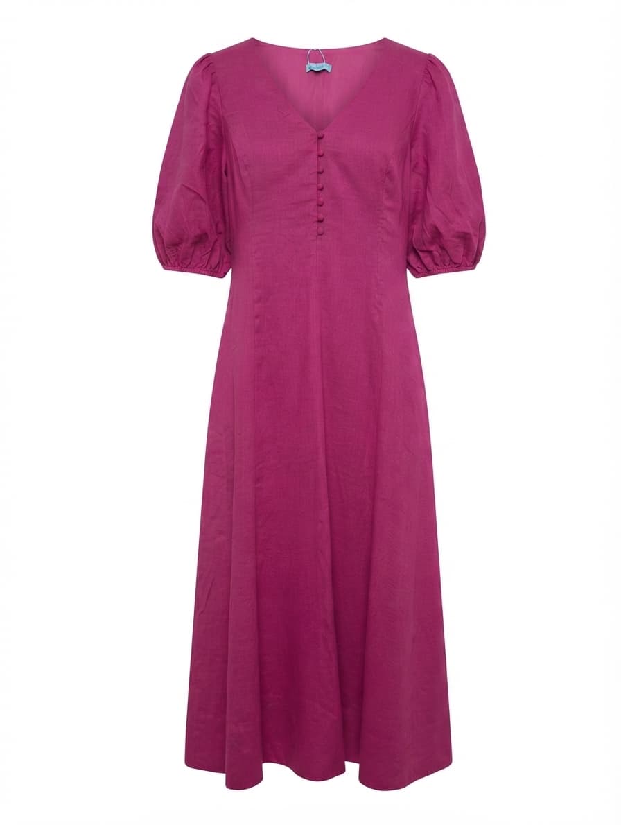 Blue Illusion Midi Dress Magenta Puff Sleeve Button-Front Size M — photo 1 of 10